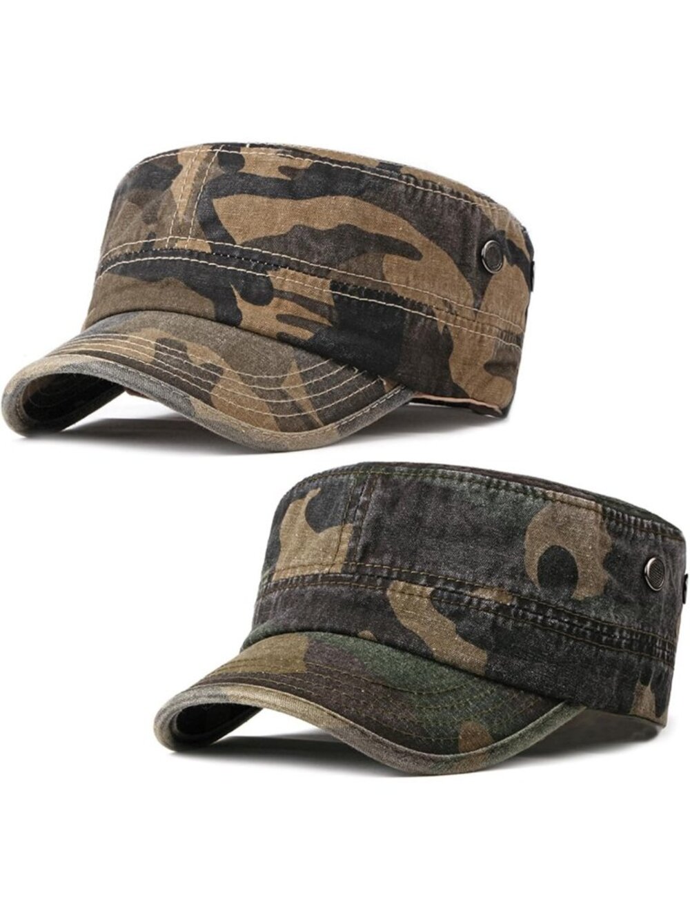 2 Pack Adjustable Cotton Military Style Cadet Caps - Flat Top Patrol Hats